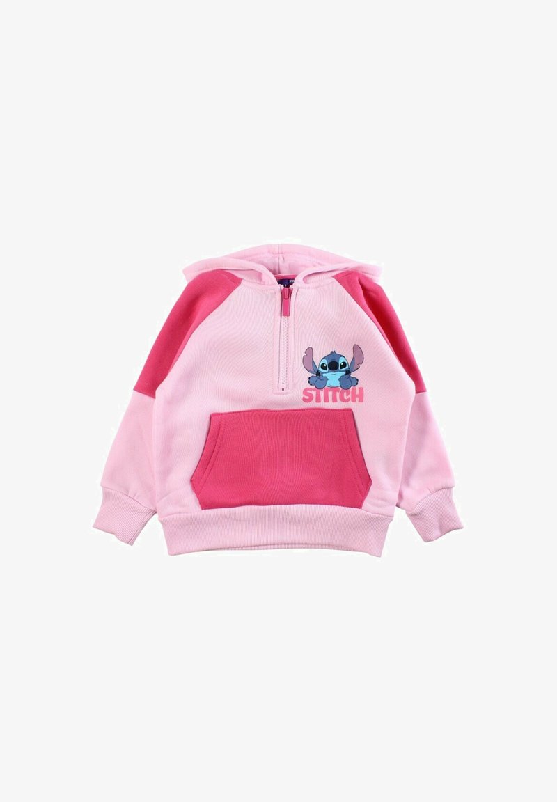 Sweat à capuche rose avec une fermeture éclair, doté d'une poche kangourou. Le design comprend des blocs de couleur rose et rose pastel ainsi qu'un graphique de Stitch sur le devant.