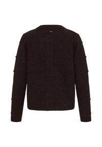 Pull en maille marron foncé à manches longues avec motif à pois texturé et poignets et ourlet côtelés, vu de dos.