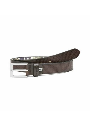 Brown perforated leather belt with a metal silver buckle, featuring a smooth texture and contrasting inner pattern. Adjustable length.