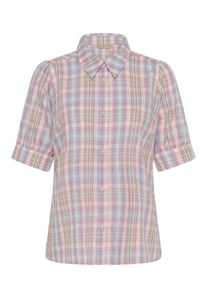 Chemise à manches courtes à carreaux dans des couleurs pastel, avec fermeture boutonnée sur le devant, col pointu et manches bouffantes. Tissu léger et texturé.
