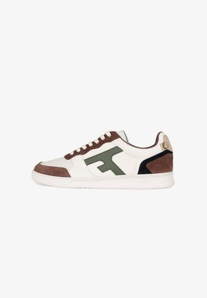 White sneaker with green rubber logo, brown suede accents, and black detailing. Features perforated toe and flat laces. Textured rubber sole.