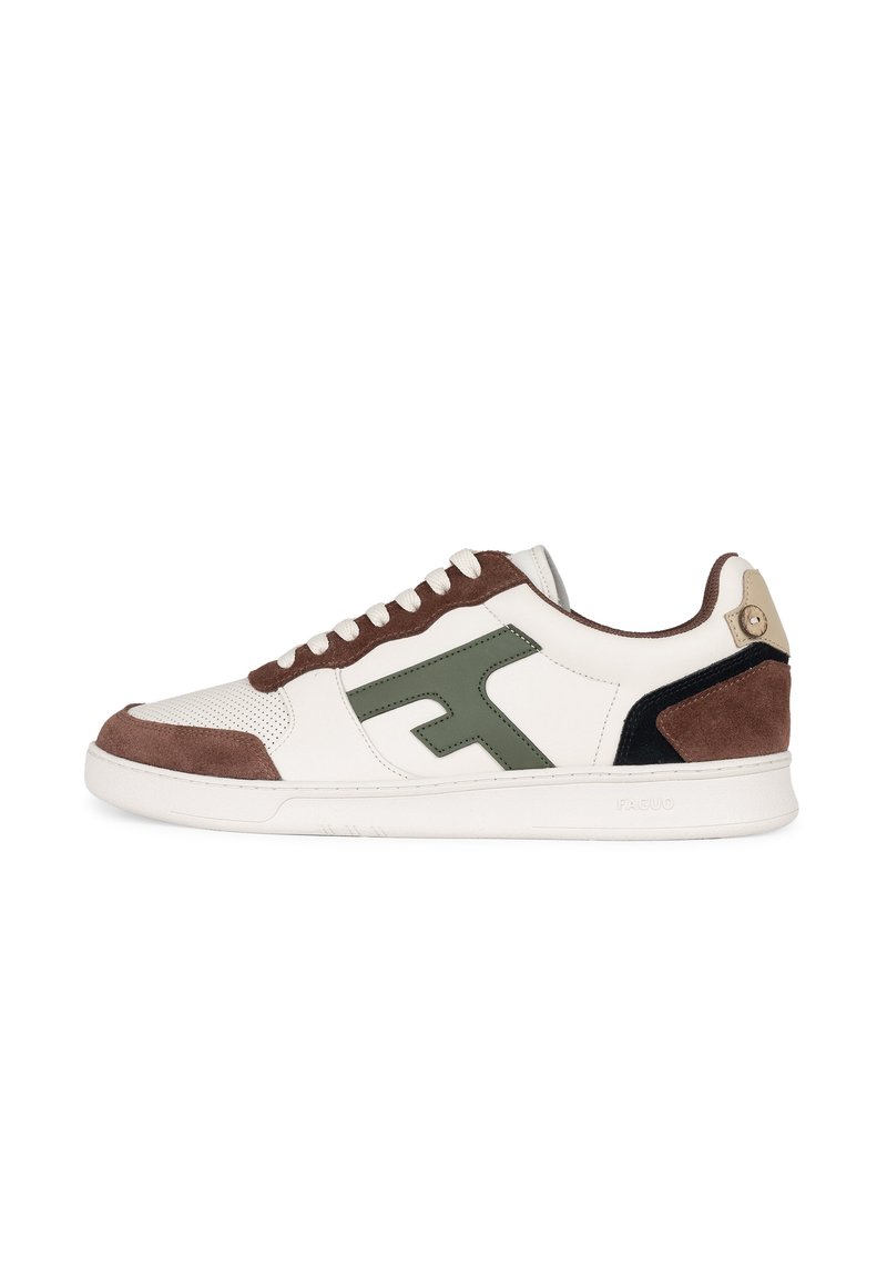 White sneaker with green rubber logo, brown suede accents, and black detailing. Features perforated toe and flat laces. Textured rubber sole.