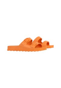Orange rubber sandals featuring two adjustable buckles, open-toe design, and textured soles for traction.