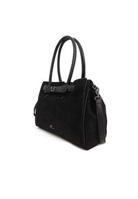 Borsa in suede nera con accenti in pelle liscia, doppie maniglie superiori, una tracolla rimovibile e un dettaglio a fiocco sul davanti. Forma rettangolare.