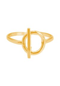 Anello in metallo color oro con un design circolare e una barra verticale al centro, creando una forma geometrica aperta.