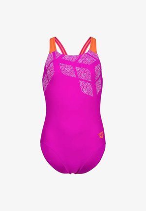 Costume intero rosa acceso con spalline arancioni e motivi geometrici bianchi sul petto e sui lati, logo Arena sull'anca.