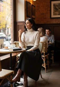 Osoba siedząca w kremowym golfie z prążkowanego materiału i czarnej spódnicy, brązowe botki na obcasie, przy stoliku w kawiarni z kawą i ciastkami.