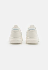 Ett par off-white Reebok-sneakers visade bakifrån på en vit bakgrund, med ljusblå broderade logotyper.