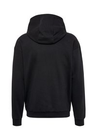Zwarte hoodie met lange mouwen, geribde boorden en zoom, van achteren getoond, met een eenvoudig ontwerp en aangehechte capuchon.