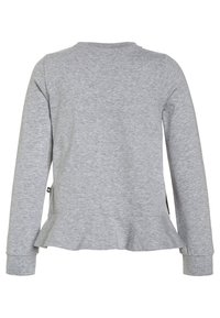 Szara długorękawowa bluza z peplum, okrągłym dekoltem i ściągaczami na mankietach. Wykonana z miękkiego, teksturowanego materiału. Metka widoczna z boku.