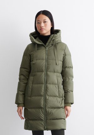 Olive green puffer coat with a hood, featuring a front zip closure, long sleeves, and quilted design. Smooth texture, mid-length style.