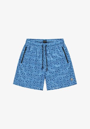 Blauwe zwembroek met een geometrisch patroon in verschillende tinten blauw, elastische tailleband met trekkoord en zijzakken met rits.