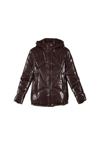Giacca puffer marrone lucida con cappuccio, dotata di chiusura con zip, motivo trapuntato e polsini elasticizzati per calore e comfort.