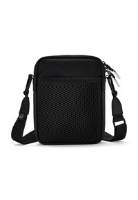 Borsa a tracolla nera con pannello anteriore in rete, apertura superiore con zip, tracolla regolabile, forma rettangolare e superficie in tessuto liscia.
