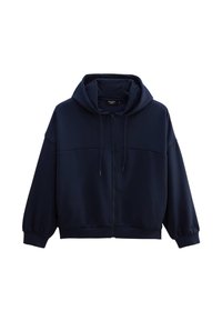 Sweatshirt à capuche zippé bleu marine en tissu doux, avec une coupe décontractée, des manches longues et un cordon de serrage à la capuche.