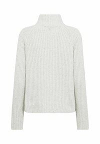 Hellgrau, gerippter Strickpullover mit hohem Kragen, langen Ärmeln und strukturierten Oberfläche. Schlichtes Design ohne zusätzliche Details.