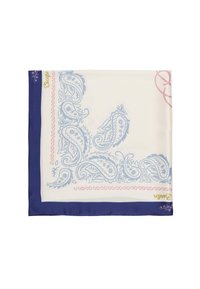 Foulard di seta con un motivo paisley in azzurro chiaro e rosa su uno sfondo crema. Rifinito con un bordo in satin blu scuro e testo decorativo.