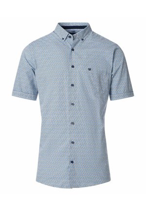Korte mouwen button-up shirt in lichtblauw met een klein herhalend patroon. Beschikt over een puntige kraag en een enkele borstzak. Donkere knopen.