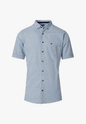 Kurzärmliges Hemd mit Knopfleiste in Hellblau mit kleinem, sich wiederholendem Muster. Verfügt über einen spitzen Kragen und eine einzelne Brusttasche. Dunkle Knöpfe.