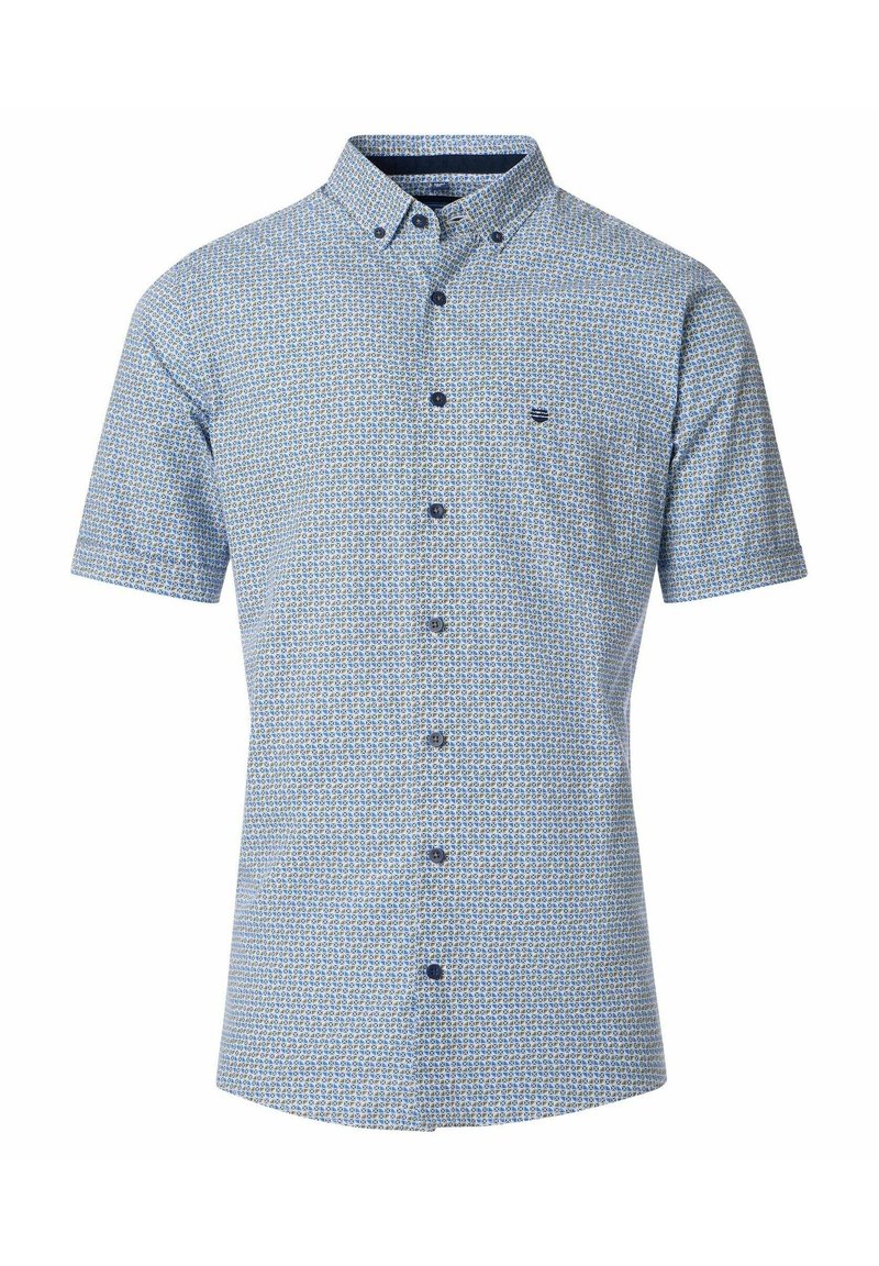 Korte mouwen button-up shirt in lichtblauw met een klein herhalend patroon. Beschikt over een puntige kraag en een enkele borstzak. Donkere knopen.