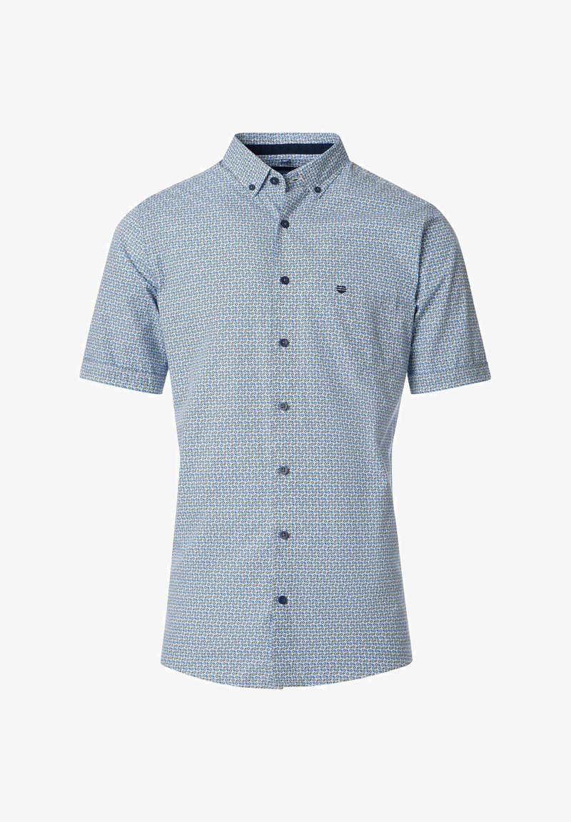 Korte mouwen button-up shirt in lichtblauw met een klein herhalend patroon. Beschikt over een puntige kraag en een enkele borstzak. Donkere knopen.