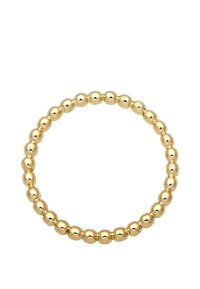 Bracelet en perles dorées ; perles métalliques rondes, texture lisse, taille et forme uniformes ; design continu sans fermoir visible.