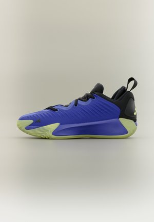 Chaussure de sport basse avec tige en mesh bleu, talon et languette noirs, lacets noirs et accents vert clair sur la semelle et les orteils.