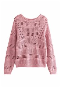 Rosa gestrickter Langarm-Pullover mit runder Ausschnitt und verschiedenen Lochmustern im gesamten Stoff.