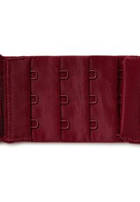 Burgunderfarbener verstellbarer BH-Verlängerer mit fünf Stoff-Schlaufen und Metallhaken, der eine glatte Textur und starke Nähte aufweist.