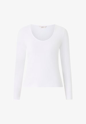 Dames effen wit shirt met lange mouwen, ronde hals, smalle pasvorm en zonder zichtbare patronen of versieringen.