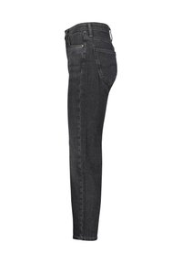 Jeans de denim negros ajustados con cintura alta, diseño de cinco bolsillos y detalles de costura sutiles. Textura suave con un ligero desgaste.