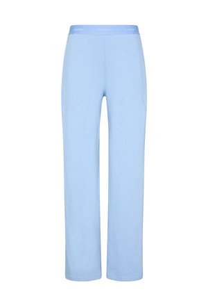 Pantalones de pierna recta azul claro con cinturilla elástica que presenta el logotipo repetido de Calvin Klein en blanco.