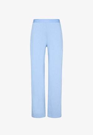 Pantalones de pierna recta azul claro con cinturilla elástica que presenta el logotipo repetido de Calvin Klein en blanco.