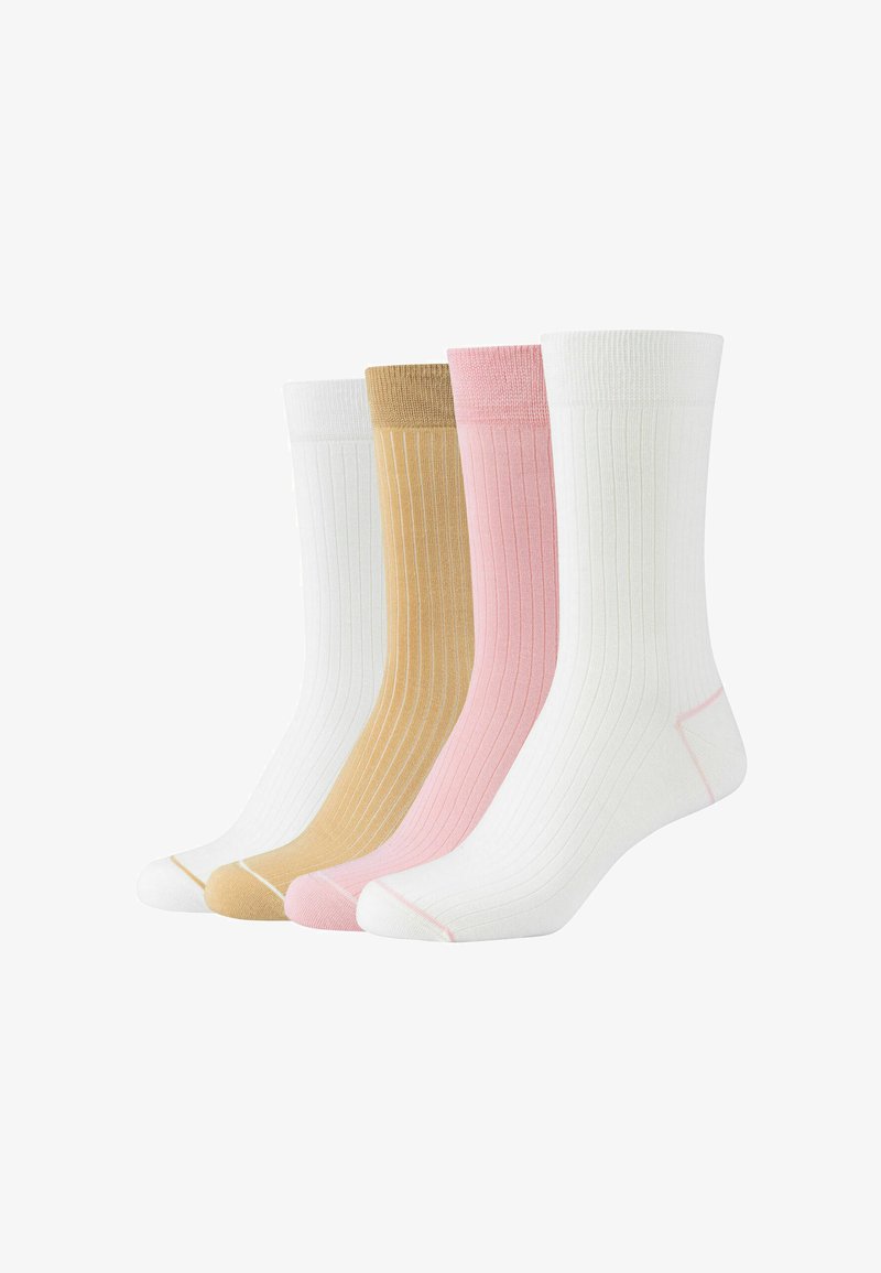 Sæt af fire ribbede sokker i hvid, beige, pink og fløde; har kontrastfarvede manchetter og forstærkede tåakcenter.