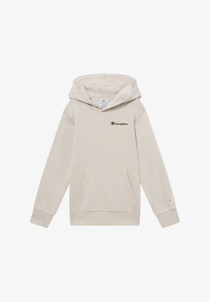 Jasnobeżowa bluza z kapturem wykonana z mieszanki bawełny, z kieszenią typu kangur, sznurkiem do regulacji kaptura oraz małym logo na piersi.