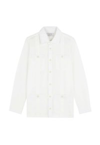 Witte lange mouw blouse met knoopsluiting, twee borstzakken en een klassieke kraag. Gemaakt van een gladde, lichte stof.