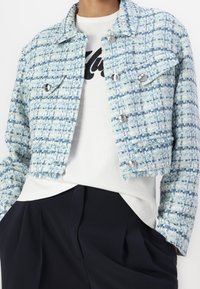 Vrouw in een cropped blauw-witte geruite jas met zilveren knopen over een wit shirt met zwarte tekst, gecombineerd met hoogwaist zwarte broek.