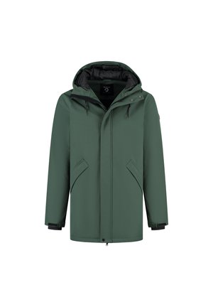 Groene winterjas met capuchon, voorzijde met rits, drukknoop, twee schuine zakken en verstelbare bandjes bij de pols.