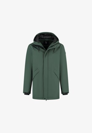 Groene winterjas met capuchon, voorzijde met rits, drukknoop, twee schuine zakken en verstelbare bandjes bij de pols.