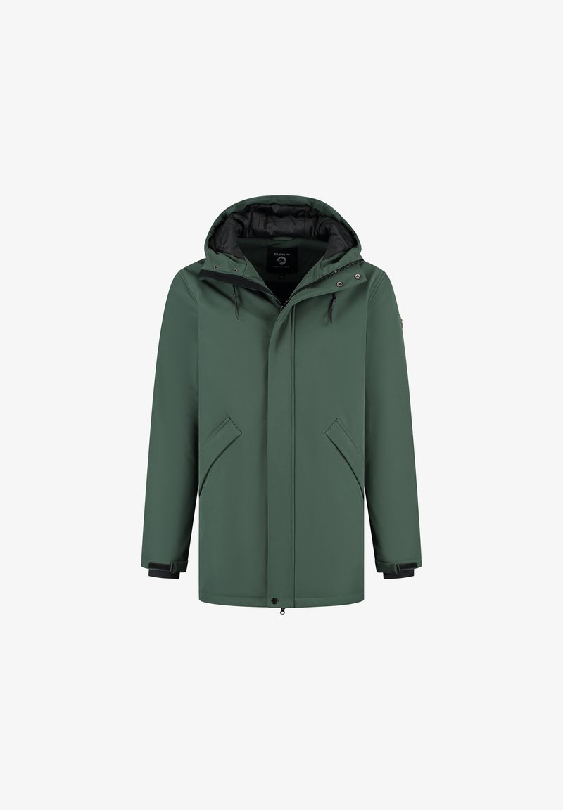 Groene winterjas met capuchon, voorzijde met rits, drukknoop, twee schuine zakken en verstelbare bandjes bij de pols.