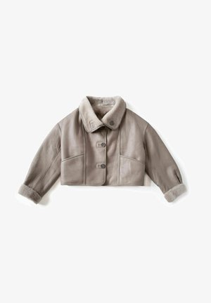 Gebreid leren jasje in lichtgrijs. Voorzien van een kraag en manchetten gevoerd met bont en vier knopen aan de voorkant. Soepele textuur en een getailleerde pasvorm.