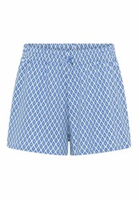 Blå shorts med mönster som har en diamantdesign i vitt, elastisk midja med dragsko och lätt tyg.