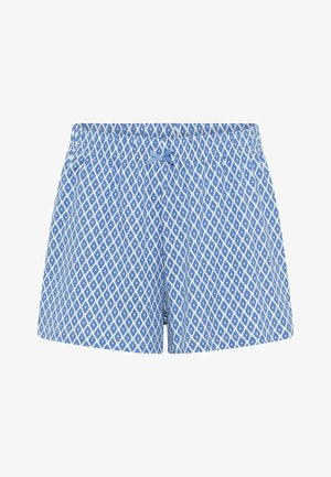 Blue patterned shorts featuring a diamond design in white, elastic waistband with a drawstring, and a lightweight fabric.