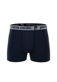 Boxer-briefs pour hommes en navy à côtes avec une taille grise comportant le logo "pierre cardin" en noir et un emblème en tourbillon.