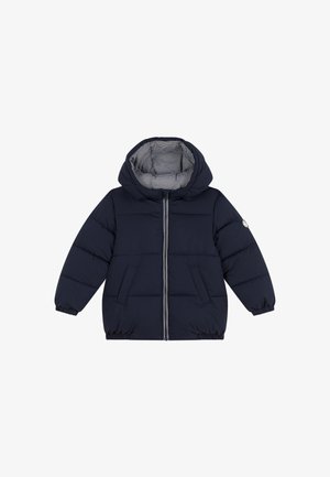 Doudoune bleu marine avec capuche, featuring une fermeture éclair grise, des poignets élastiques, deux poches latérales et une doublure intérieure rayée.