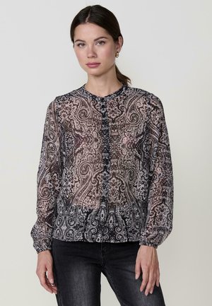 Transparente schwarze Bluse mit aufwendigem Paisleymuster, langen Puffärmeln, rundem Ausschnitt und Knopfverschluss auf der Vorderseite. Weiche Stofftextur.