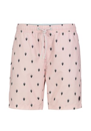 Light pink swim shorts with repeated small black lobster print and white drawstring at elastic waistband.