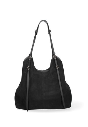 Borsa a tracolla in suede nero con due tracolle in pelle regolabili e dettagli con fibbie color argento.