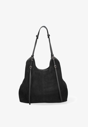 Borsa a tracolla in suede nero con due tracolle in pelle regolabili e dettagli con fibbie color argento.