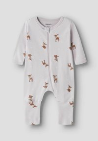 Body pour bébé de couleur lilas clair avec manches longues, arborant des motifs de cerfs marron et de fleurs blanches, fabriqué en coton doux et extensible avec une fermeture éclair à l'avant.